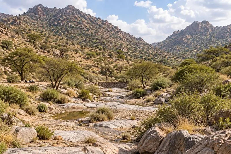 وادٍ صخري وأشجار في منتزه الطائف الوطني بسيسد